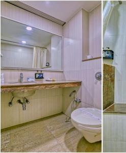 two pictures of a bathroom with a toilet and a sink at Hotel President in Indore