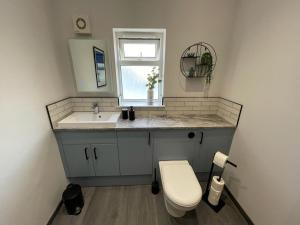 baño con lavabo y aseo y ventana en Stunning 1 bedroom Flat in The Mumbles, en Mumbles