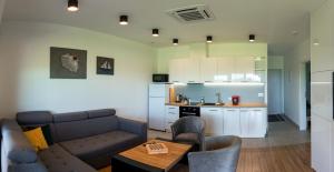 a living room with a couch and a table and a kitchen at Żwirek Muchomorek in Sterławki Małe