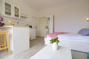 um quarto branco com uma cama e uma cozinha em Studio apartments Kali em Kali