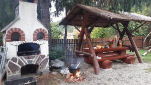 un horno al aire libre con parrilla y mesa de picnic en Pensiunea Maros, en Izvoru Mureşului