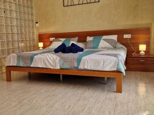 a bed with two blue pillows on top of it at Riumar "La Pinya", 500m to beach, Privat-Pool, On-Site-Service, dog beach in Riumar +28 photos