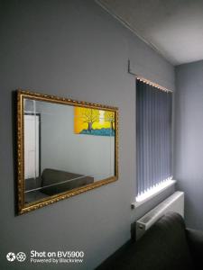 um espelho pendurado numa parede num quarto em Nuns Moor fully equipped kitchen free parking Netflix em Newcastle upon Tyne