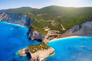 an aerial view of a beach and the ocean at Averto House Lefkada in Lefkada Town