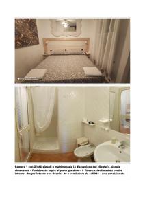 two pictures of a bathroom with a bed and a sink at B&B Casa Derosas in Golfo Aranci
