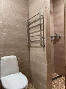 a bathroom with a white toilet in a stall at Karlsons Antique in Liepāja +8 photos