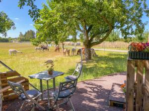 a table and chairs with animals in a field at Tiny House auf der Alpaka Farm in Rubkow