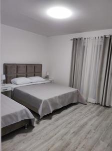 a bedroom with two beds and a large window at Lago d'argento sobe in Veliko Gradište