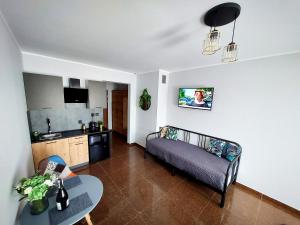 una sala de estar con un sofá y una mesa en Apartament PLANETA MIELNO superior - centrum, 2 minuty od plaży, parking, aneks, fv ! ! !, en Mielno