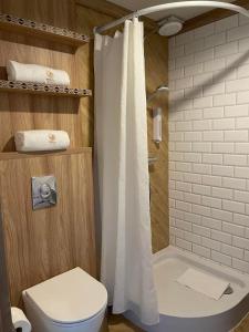 een badkamer met een wit toilet en een douche bij Willa Dunajec - Luxury Apartments in Zakopane