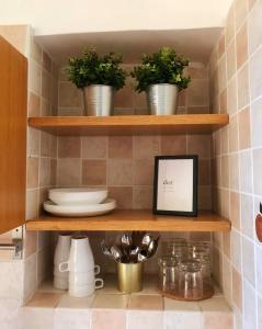 a kitchen with wooden shelves with dishes and potted plants at Giulia Apartment in Trastevere in Rome
