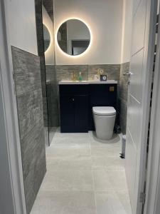 a bathroom with a toilet and a sink and a mirror at Coastline Retreats - Brand New Jungle Themed Garden Apartment - Outdoor Bath - Next to Seafront - Childrens Toys - Superfast Wifi - Netflix - Disney in Southbourne