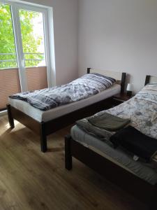 2 camas en una habitación con ventana en Sis Dziwnowek en Dziwnówek