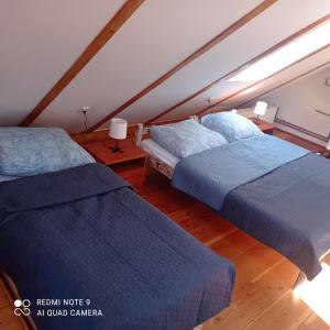 2 letti in una camera mansardata con coperte blu di Chata Vidlák a Černíny
