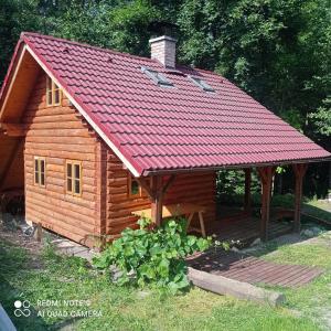 una baita di tronchi con tetto rosso di Chata Vidlák a Černíny