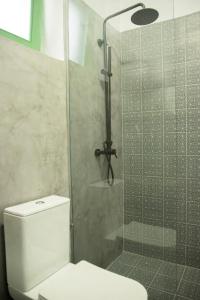a bathroom with a toilet and a glass shower at Siroa Easy in Ermoupoli