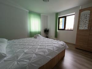 a bedroom with a large white bed and a window at Casa NICHIFOR Jurilovca in Jurilovca
