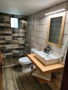 W łazience znajduje się umywalka, toaleta i lustro. w obiekcie Armonia & Anemos Family Apartments w mieście Kalamos