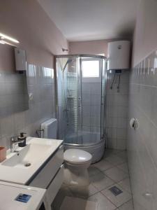 a bathroom with a shower and a toilet and a sink at LARA & VITO in Metajna