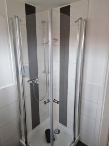 a shower with a glass door in a bathroom at Pension Heuhexe in Fladungen +23 photos