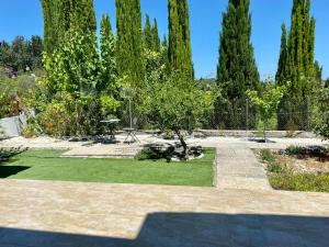 einen Garten mit grünem Gras und Bäumen im Hintergrund in der Unterkunft Demelida Villa in Tsada, Paphos in Tsadha