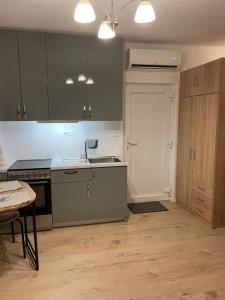 a kitchen with gray cabinets and a sink and a table at Studio Apartment Klokke in Supetar