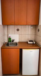 eine Küche mit Holzschränken, einer Spüle und einem Kühlschrank in der Unterkunft Apartments Forest in Budva