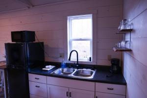 a kitchen with a sink and a black refrigerator at Avenwood Cabins in Logan