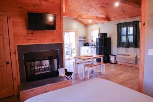 a living room with a fireplace and a tv at Avenwood Cabins in Logan