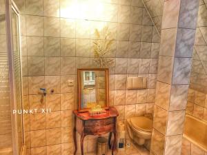 a bathroom with a sink and a toilet and a mirror at Wohnung 2 in Burghaslach