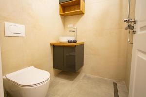 a small bathroom with a toilet and a sink at Sky Penthouse Old Bridge with sauna and jacuzzi in Mostar +21 photos