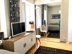 a bedroom with a television on a dresser with a mirror at Sweet Studio City Center T&ouml;&ouml;l&ouml;nkatu in Helsinki