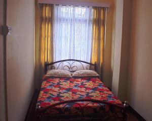 Cama en habitación con ventana y cortinas en DukeRaj Homestay, en Darjeeling