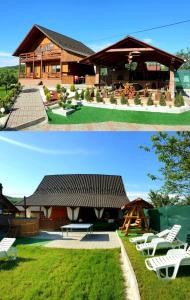 zwei Bilder eines Hauses mit Picknickbereich in der Unterkunft Cabana LaGică in Beclean