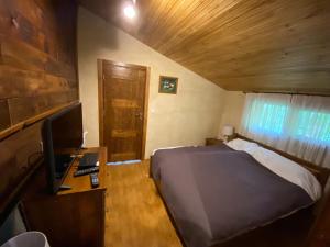 1 dormitorio con 1 cama y escritorio con ordenador en Villa Ahrida, en Smolyan