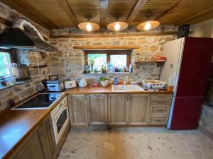 a kitchen with wooden cabinets and a red refrigerator at Villa Ahrida in Smolyan