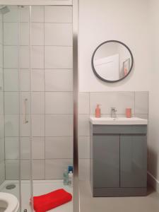 ein Bad mit einem Waschbecken und einem Spiegel in der Unterkunft No's 7 and 8 Llewelyn Apartments in Llanberis