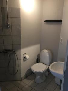 a bathroom with a toilet and a sink at Rebslagerhuset in Ribe