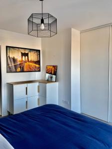 Schlafzimmer mit einem blauen Bett und einem Schreibtisch in der Unterkunft Charmant T2 lumineux au pied de la gare in Courcouronnes