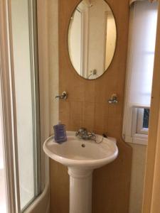 uma casa de banho com um lavatório e um espelho em Beautiful 2-Bed holiday home nr Kynance cove em Helston
