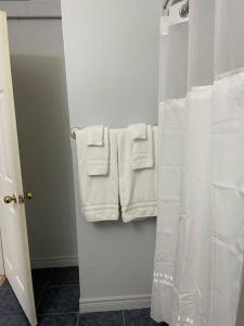 La salle de bains est pourvue de serviettes blanches accrochées au mur. dans l'établissement My Cozy Apartment Cottage, à Grande-Digue