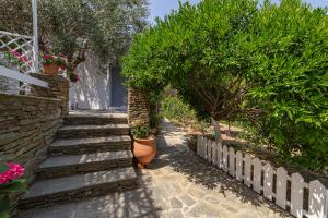 a garden with a stone pathway and a tree at Small Paradise in Andros