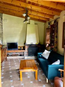 salon z niebieską kanapą i kominkiem w obiekcie Casa el Frances w mieście Candamin