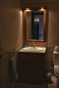 a bathroom with a sink and a mirror and a toilet at Banyan Tree in Óbidos