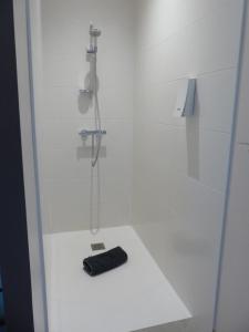 a bathroom with a shower with a black towel at La Sellerie in Romagné