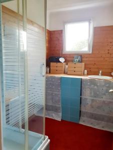 a bathroom with a glass shower and a sink at Chambre, avec accès à la cuisine, et au jardin calme in La Copechagnière