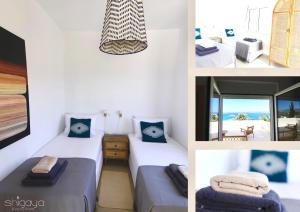 a collage of pictures of a bedroom with two beds at SHIGAYA Boutique Villa in Plaka