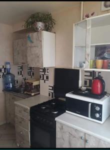una cucina con piano cottura nero e forno a microonde di Апартаменти Іва з окремими кімнатами в самому центрі a Dnipro