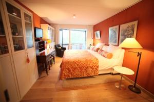 Dormitorio con cama, escritorio y TV en B&B de singel en Utrecht