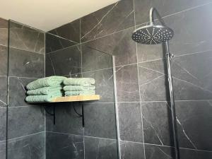 a shower with four towels on a shelf in a bathroom at Luxury Lavender in Larnaca